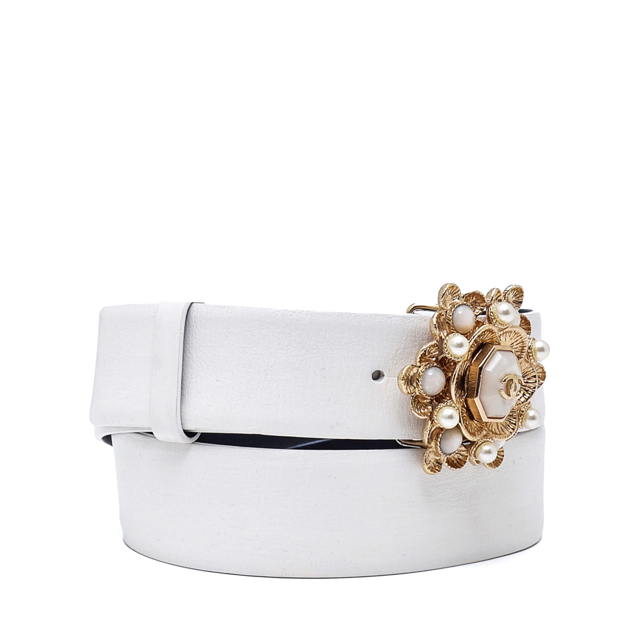 Chanel - White Leather&Gold Tone CC Camellia Pearl CoCo Mark Belt